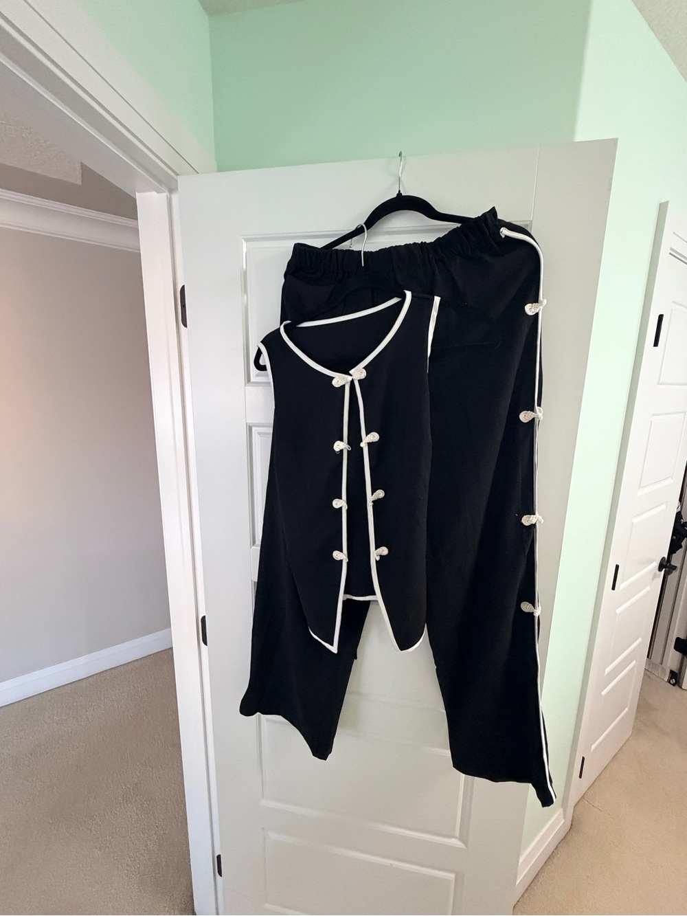 Black Two-Piece Pants & Vest Set with White Trim